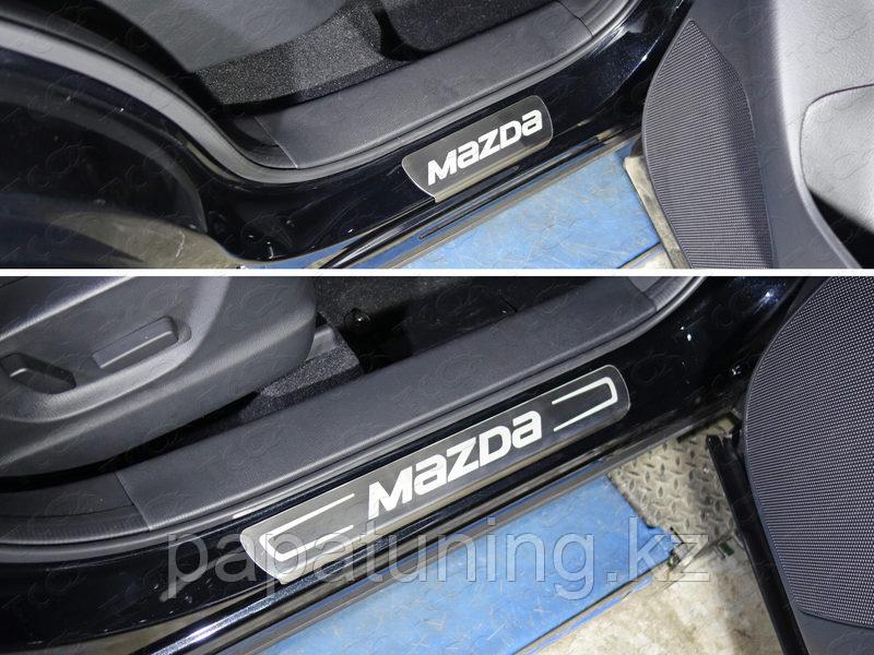 Накладки на пороги (лист шлифованный надпись MAZDA) ТСС для Mazda CX-5 2012-2015 - фото 1 - id-p108851710