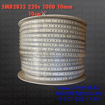 Светодиодная лента SMD2835 IP67, 10mm, 100 диодов/м 220V. LED ленты диодные, 10см кратность резки.