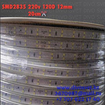 Светодиодная лента SMD2835 IP67, 12mm, 120 диодов/м в 2 ряда. LED ленты 220V диодные, 20см кратность резки.