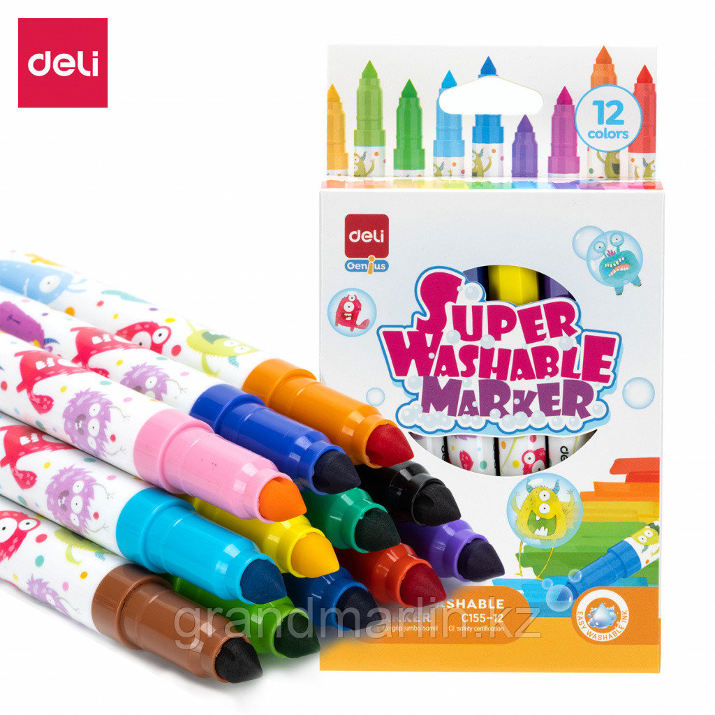 Фломастеры Deli "Super Washable", 12 цветов, круглый корпус, картонная упаковка - фото 1 - id-p108900940