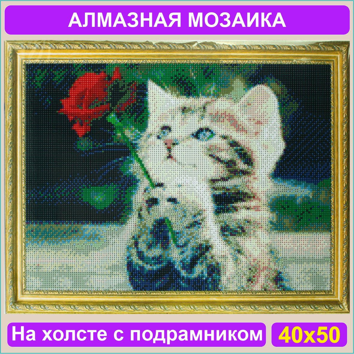 Алмазная мозаика "Котенок и роза" (40х50 с подрамником) - фото 2 - id-p109001627