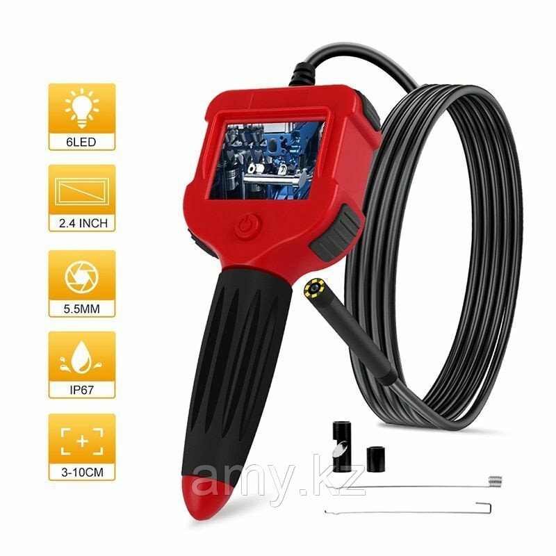 Эндоскоп для автомобилей и техники FG 506-2 Красный/Черный гибкий с экраном и камерой, кабель 1 метр