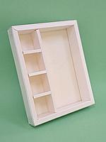 Коробка 19,5*15,5*3см с прозрачной крышкой, дно белое + разделители под шоколадку и конфеты