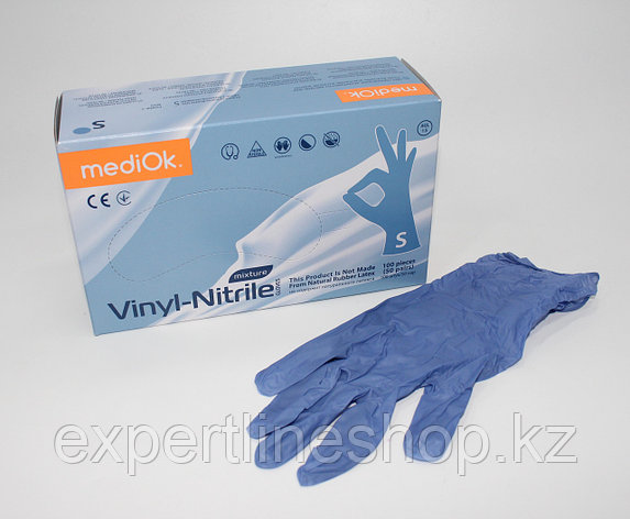Перчатки ВИТРИЛ MediOk смотровые неопудренные,нестирильные ГОЛУБЫЕ, размер S, уп 50 пар, фото 1