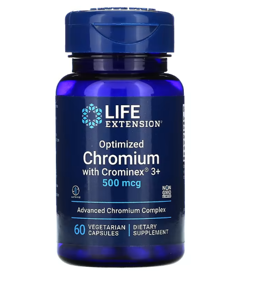 Life Extension, оптимизированный хром с Crominex 3+, 500 мкг, 60 вегетарианских капсул