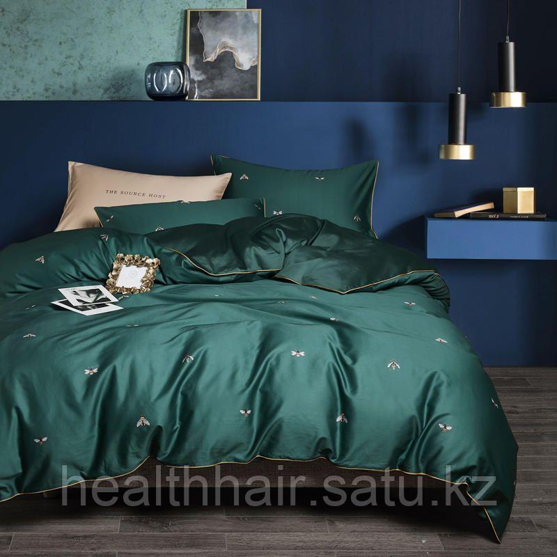 Комплект постельного белья из египетского хлопка 1,5 зеленое с принтом пчелы - фото 1 - id-p109056702