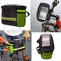 Велосипедная сумка на руль со светоотражающей полоской и отсеком для телефона зеленая