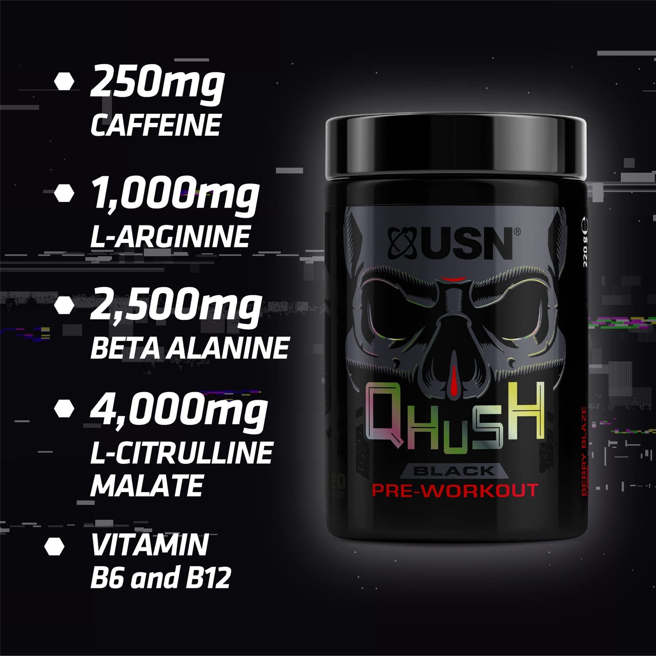 Предтренировочный комплекс QHUSH Black Pre-Workout, 220 g, USN Blue raspberry - фото 2 - id-p108145733