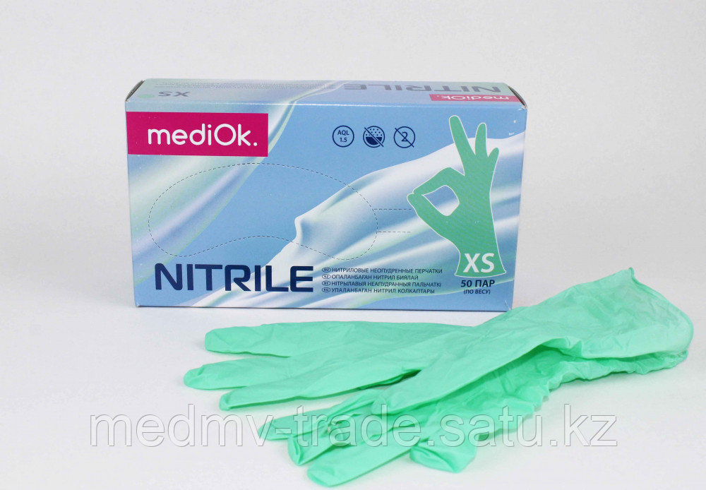 Перчатки нитриловые нестерильные неопудренные MediOk, размер S (зеленые) - фото 1 - id-p108963713