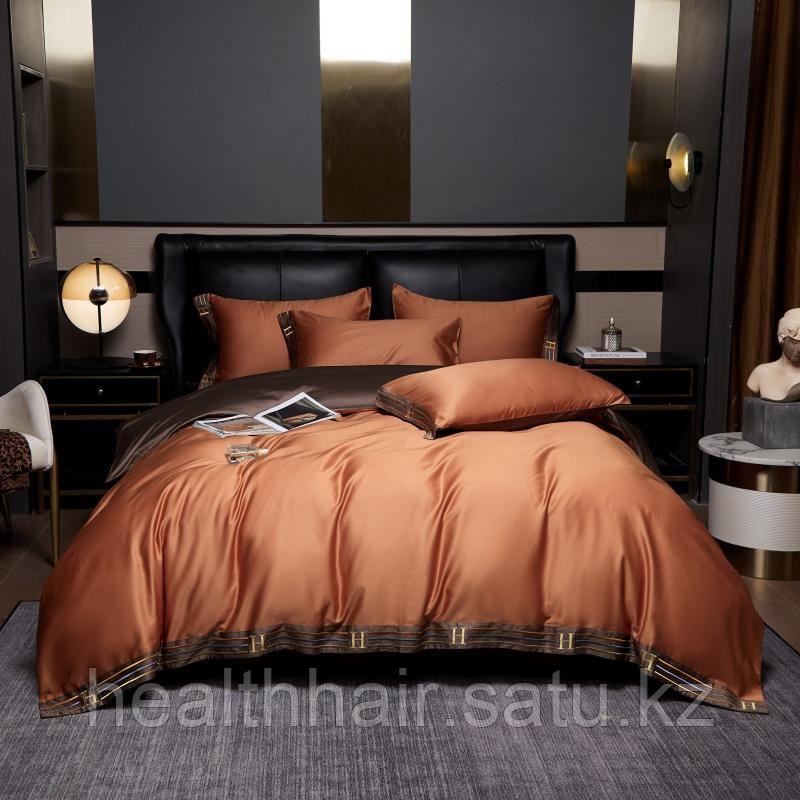 Комплект постельного белья из египетского хлопка Евро оранжевое с коричневым кантом - фото 1 - id-p109167375