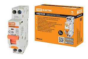 Автоматический Выключатель Дифференциального тока одномодульный АВДТ 63М 2P(1P+N) C16 10мА 4,5кА тип АС TDM