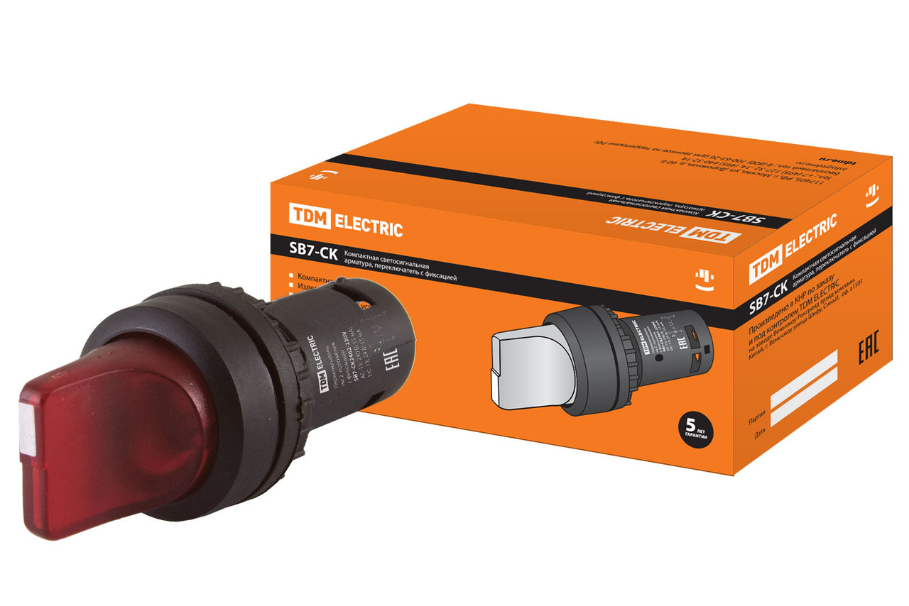 Переключатель на 2 положения SB7-CK2462 с фиксацией, 1НЗ, d22 мм, с подсветкой 220 В LED, красный, IP40 TDM - фото 1 - id-p109212607