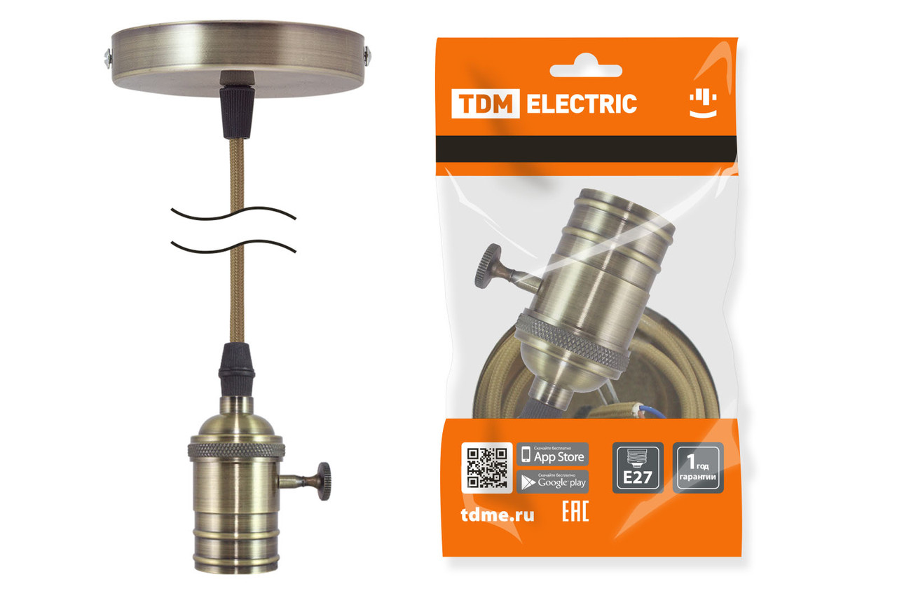 Патрон Е27 с выключателем с подвесом 1 м, металлический "Лофт", бронза TDM - фото 1 - id-p109202794