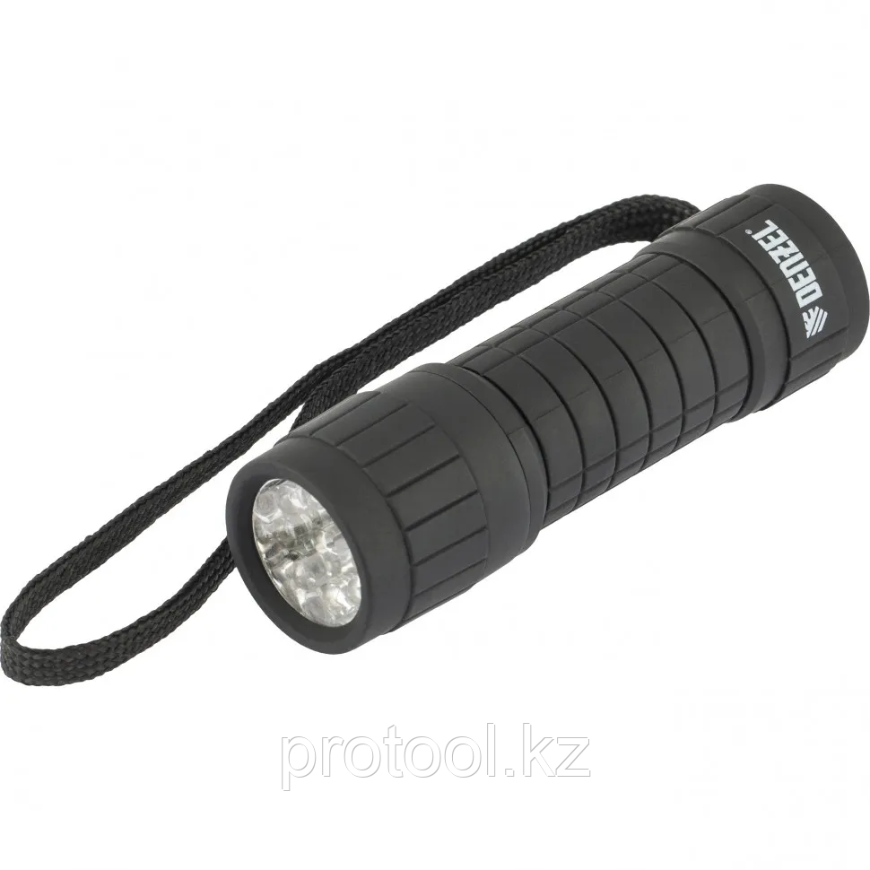 Фонарь светодиодный, чёрный корпус с мягким покрытием, 9 LED, 3хААА// Denzel