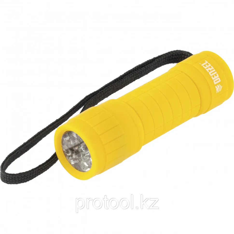 Фонарь светодиодный, жёлтый корпус с мягким покрытием, 9 LED, 3хААА// Denzel