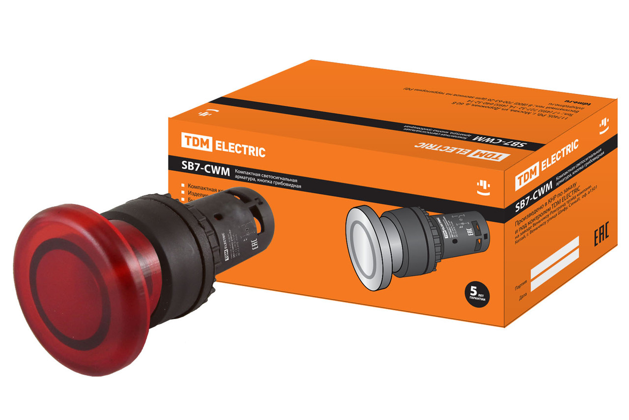 Кнопка грибовидная SB7-CWM42 с возвратом, 1НЗ, с аодсветкой 220 В LED, d35 мм, красная, IP40 TDM - фото 1 - id-p109274518