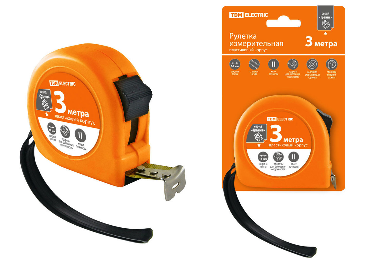 Рулетка, длина 3 м, стальная лента, ширина 16 мм, пластиковый корпус, "Гранит" TDM - фото 1 - id-p109274057