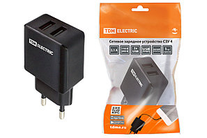Сетевое зарядное устройство, СЗУ 4, 2,1 А, 2 USB, черный, TDM