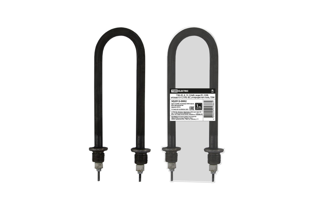 ТЭН-45, А, 13, 2,0кВт, вода (Р), 220В, штуцер G1/2, R30, Ф2, углеродистая сталь, TDM