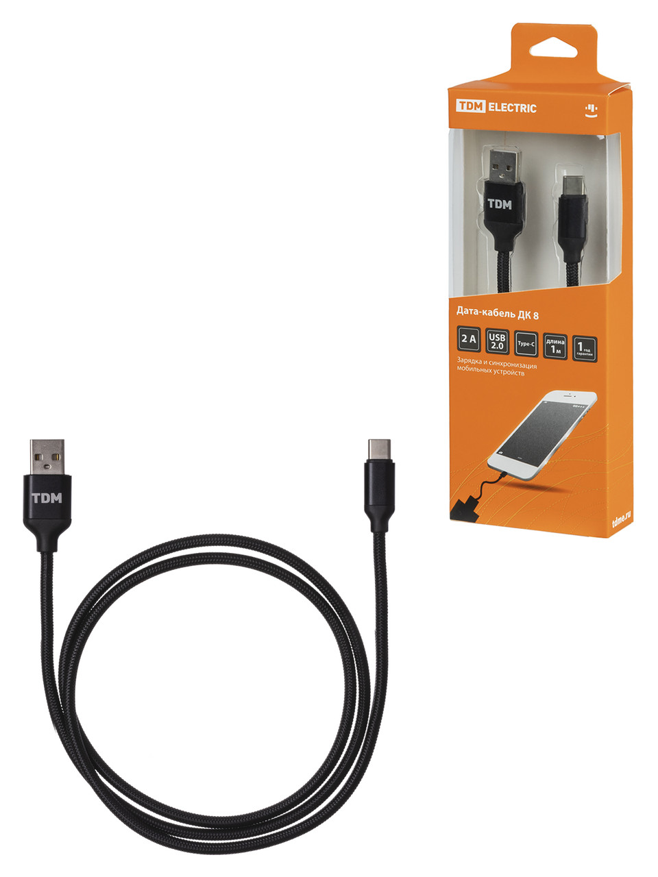 Дата-кабель, ДК 8, USB - USB Type-C, 1 м, тканевая оплетка, черный, TDM - фото 1 - id-p109278083