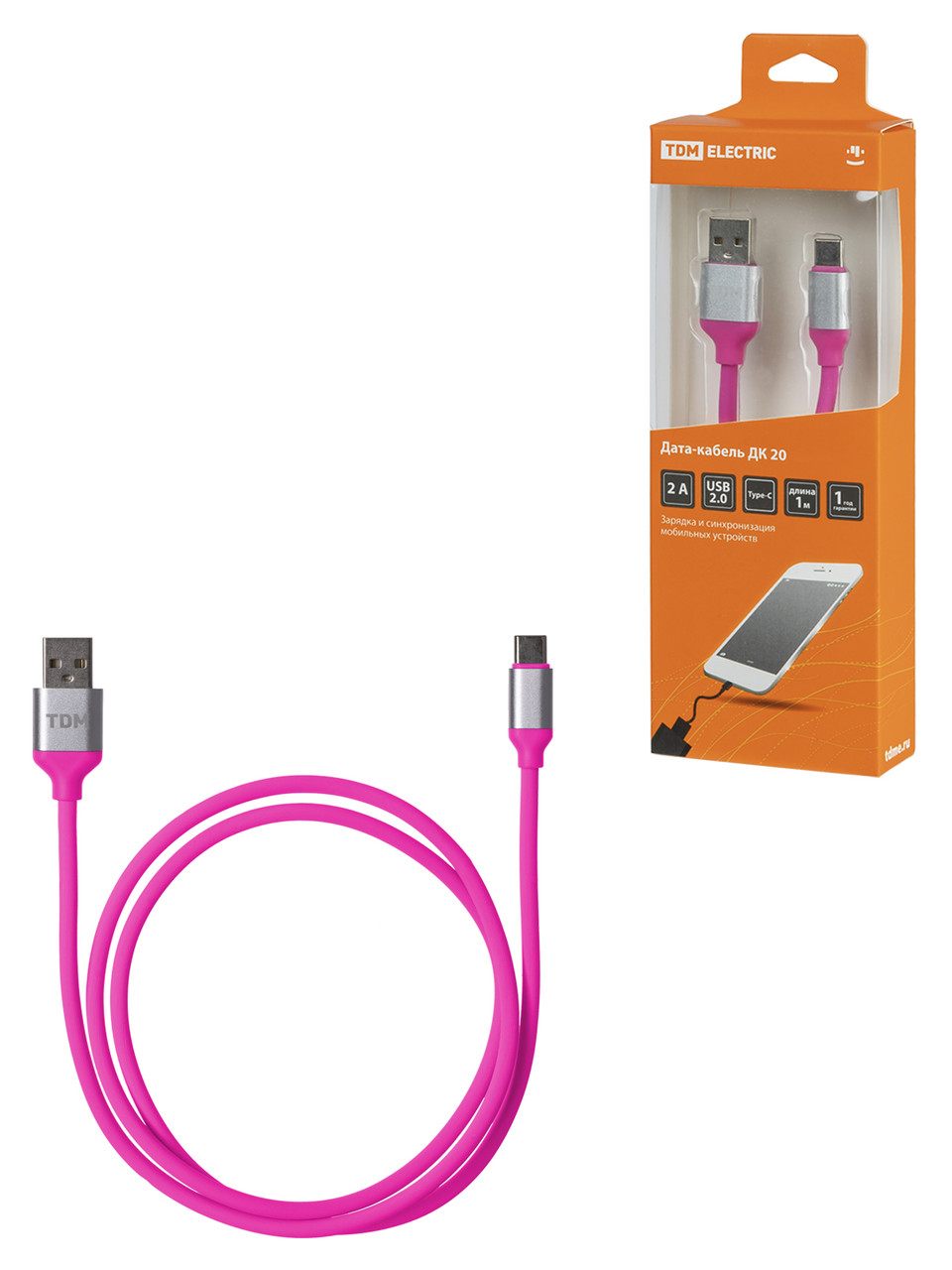 Дата-кабель, ДК 20, USB - USB Type-C, 1 м, силиконовая оплетка, розовый, TDM - фото 1 - id-p109278095