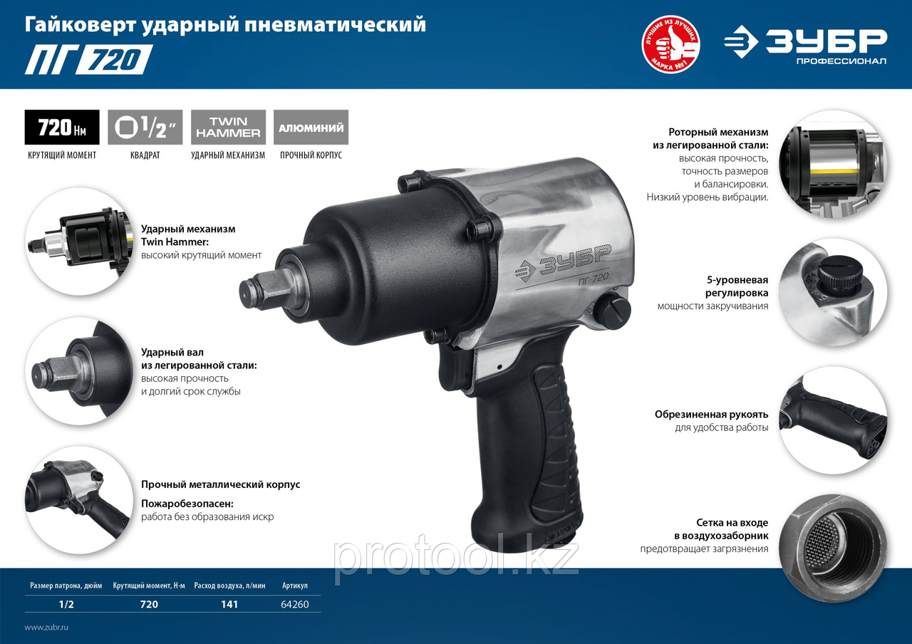 ЗУБР ПГ-720 ударный пневматический гайковерт, 1/2", 720 Нм - фото 7 - id-p109329342