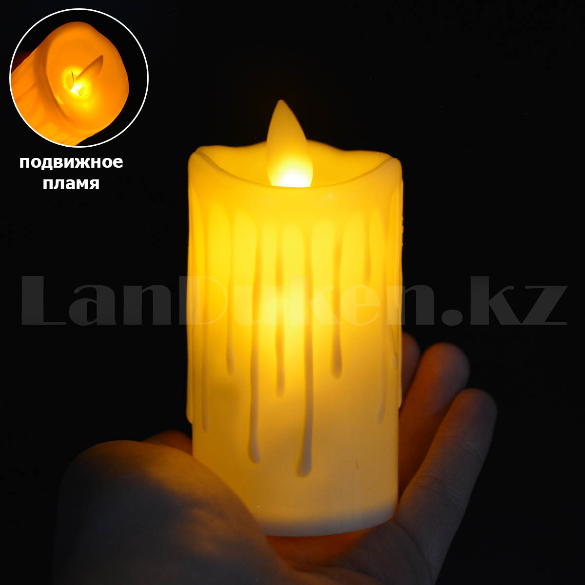 LED свеча на батарейках с подвижным пламенем и подтеками 9х5 см средняя - фото 1 - id-p109340283