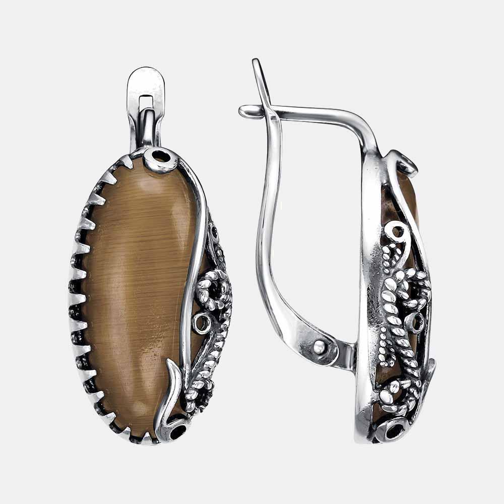 Серьги из серебра искусственный кошачий глаз Красная Пресня 33613096-16 вставка кошачий глаз, фото 1