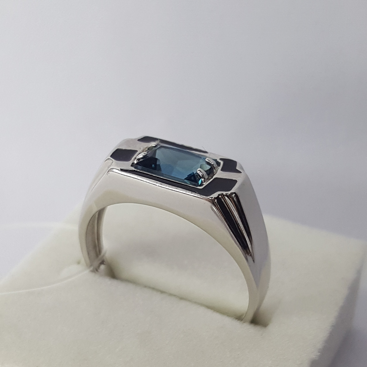Мужское серебряное кольцо, печатка Топаз Лондон Блю Эмаль Aquamarine 6562108.5 покрыто родием - фото 2 - id-p103072330