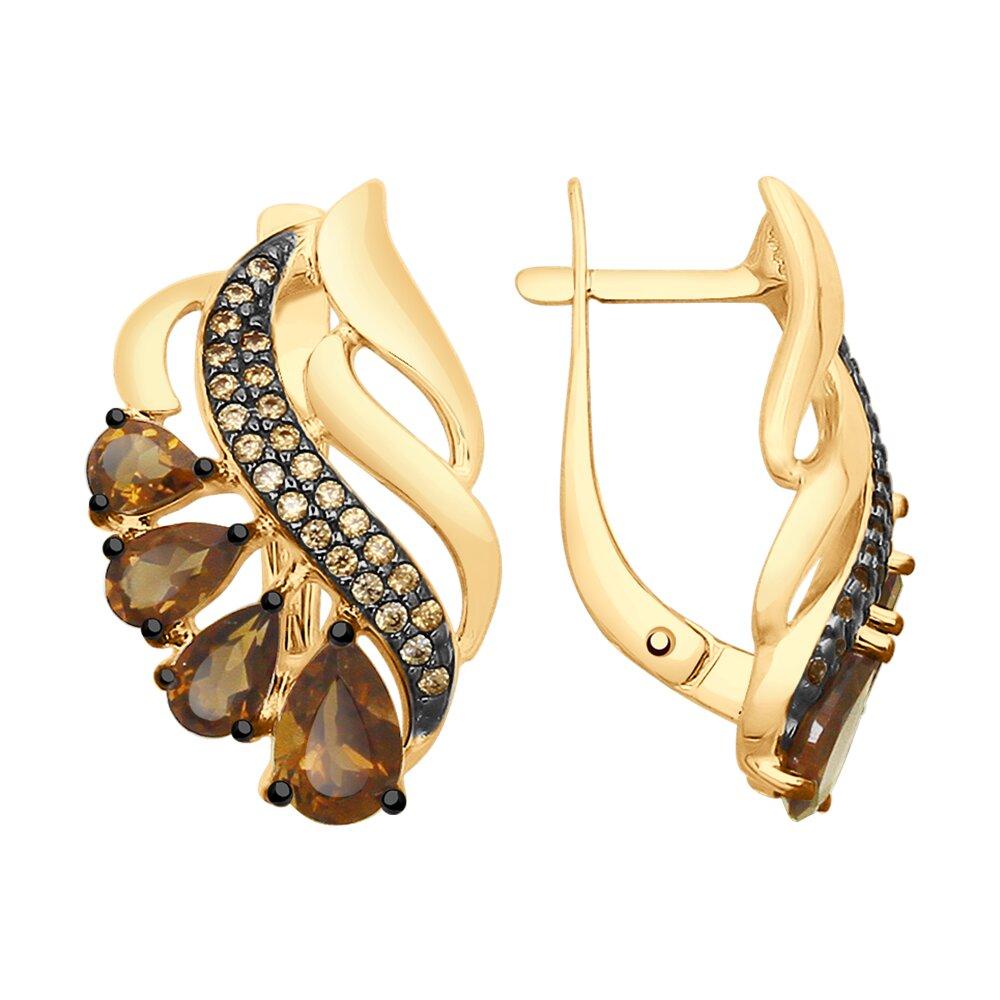 Серьги из золочёного серебра с раухтопазами и фианитами SOKOLOV 92021578 серебро с позолотой, с английским, фото 1