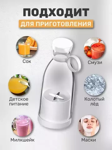 Блендер-бутылка портативный mini Fresh Juice 420мл с зарядкой от USB (Белый) - фото 4 - id-p109385421