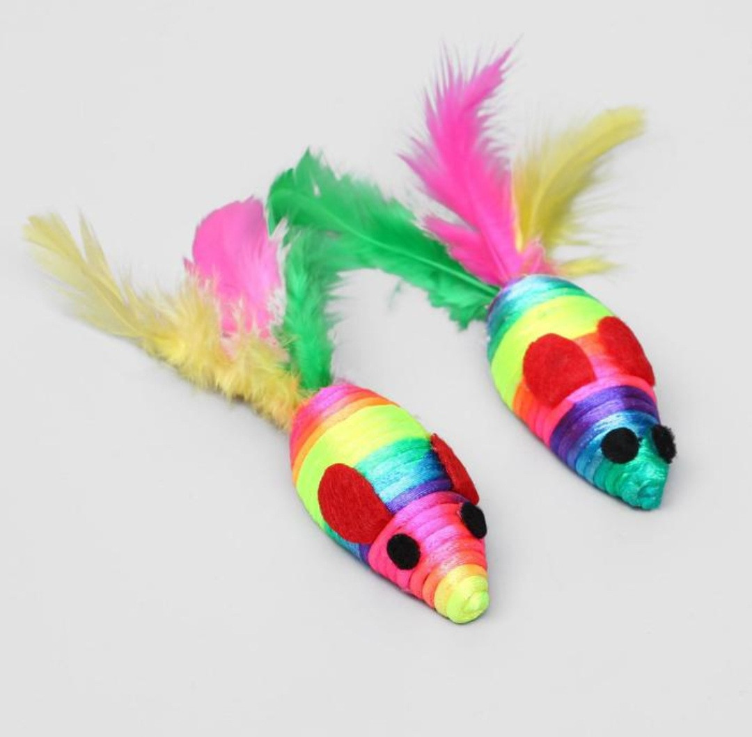 Игрушка для кошек Мышь разноцветная с перьями, фото 1