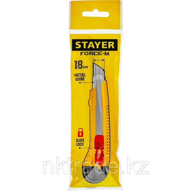 Нож упрочненный с метал. направляющей и сдвижным фиксатором STAYER FORCE-M, сегмент. лезвия 18 мм, (0913_z01) - фото 4 - id-p61493276