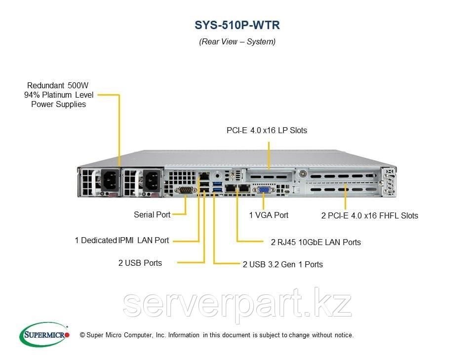 Сервер Supermicro SYS-510P-WTR, UP 1U WIO X12SPW-TF, CSE-815TQC-R504WB2