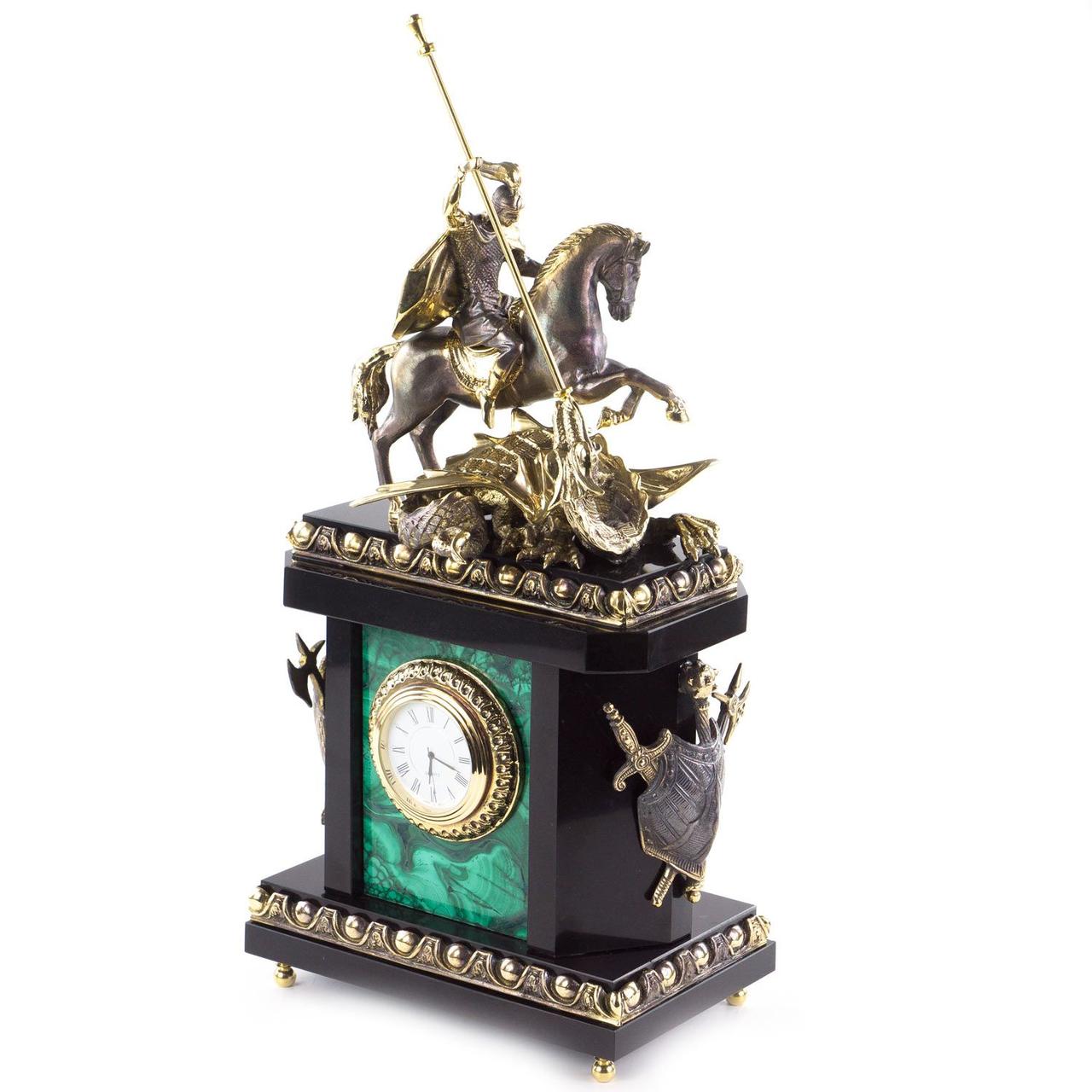 Каминные часы "Георгий Победоносец" из натурального малахита и бронзы - фото 2 - id-p80870574