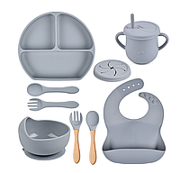 Набор детской посуды из силикона (9 предметов) Серый