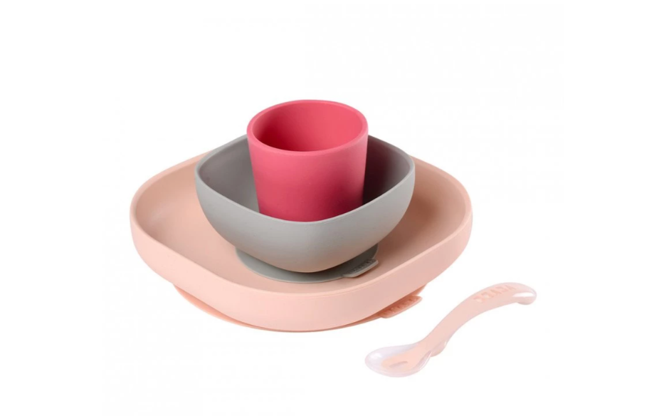 Набор посуды: 2 тарелки, стакан, ложка Silicone Meal Set Beaba, Pink - фото 1 - id-p109858136