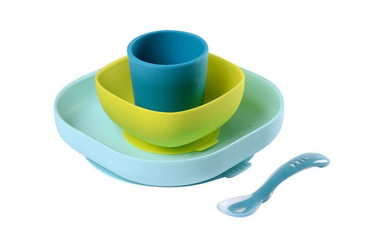 Набор посуды: 2 тарелки, стакан, ложка Silicone Meal Set Beaba, Green - фото 1 - id-p109858220