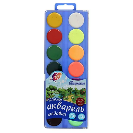 Краски акварельные, медовые, 14 цв., без кисти, 8 цв + 6 флуоресц., пластик. упак., "Фантазия", ЛУЧ, фото 1