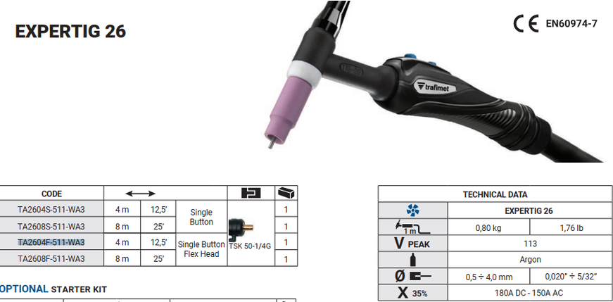 Горелка аргонодуговая EXPERTIG 26/4M FLEX TSK50 1/4G (Air 180A DC-150A AC)_Trafimet AZIA"|, фото 2