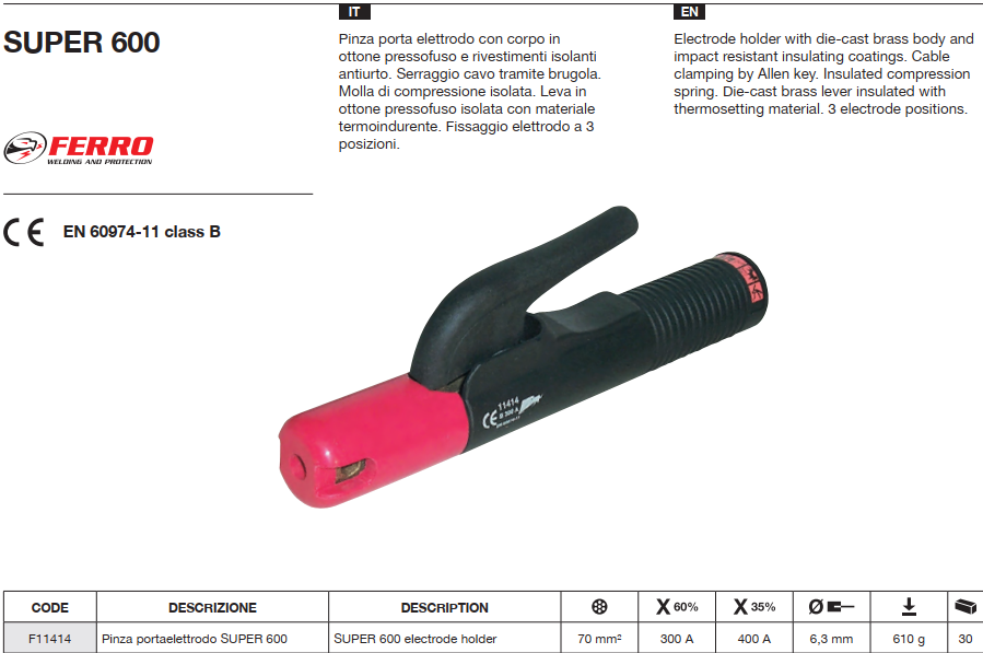 Электрододержатель 400A SUPER 600 CE (в уп. 30 шт)_FERRO AZIA"|