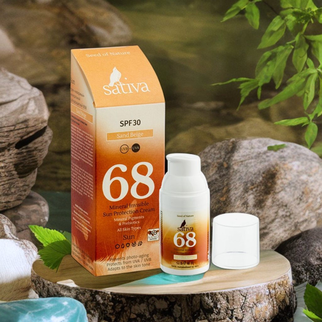 Крем SPF30 для лица №68 Sand Beige, «невидимый» минеральный солнцезащитный, от Sativa