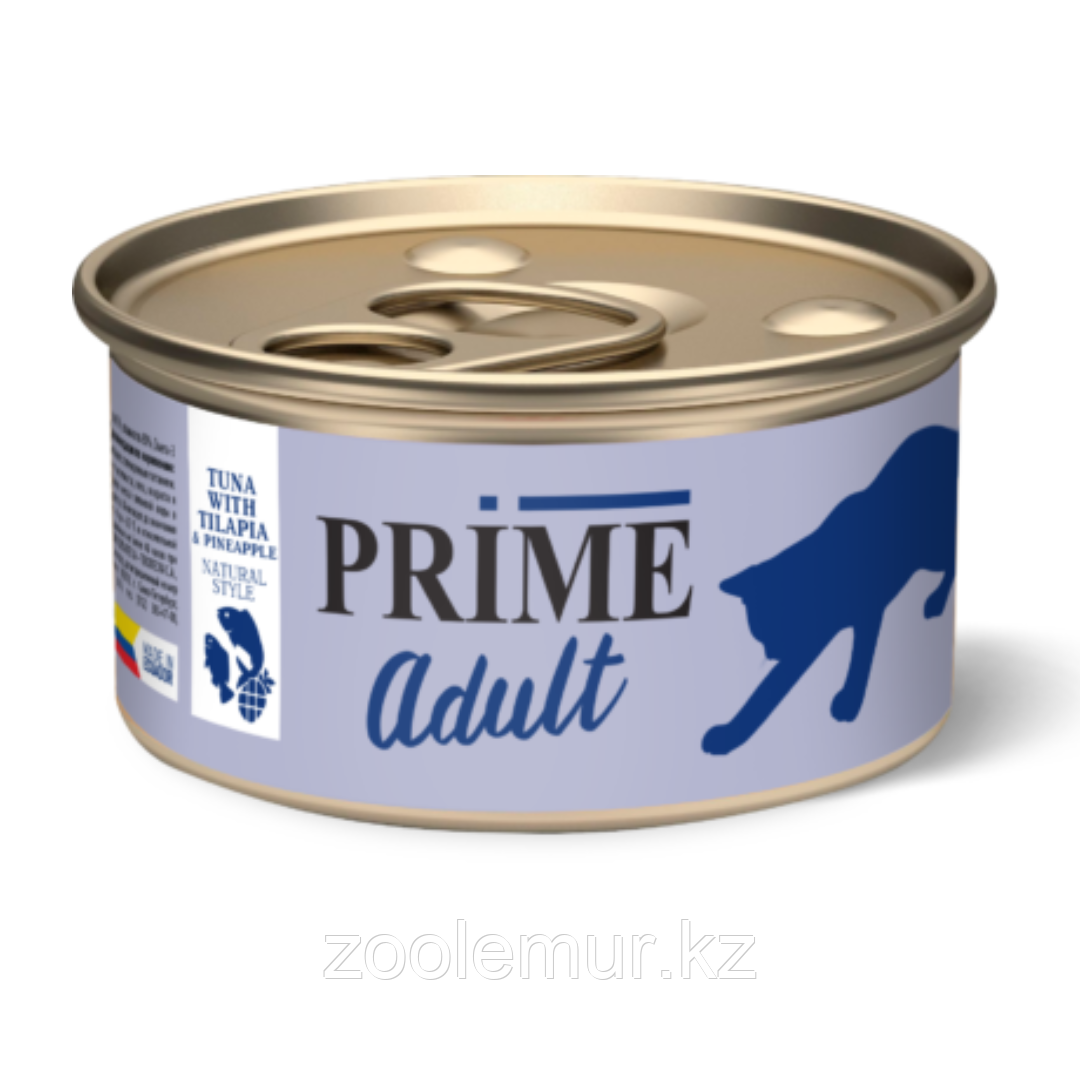 PRIME ADULT Консервированный корм для кошек, тунец с тилапией и ананасом в собственном соку , 85 гр