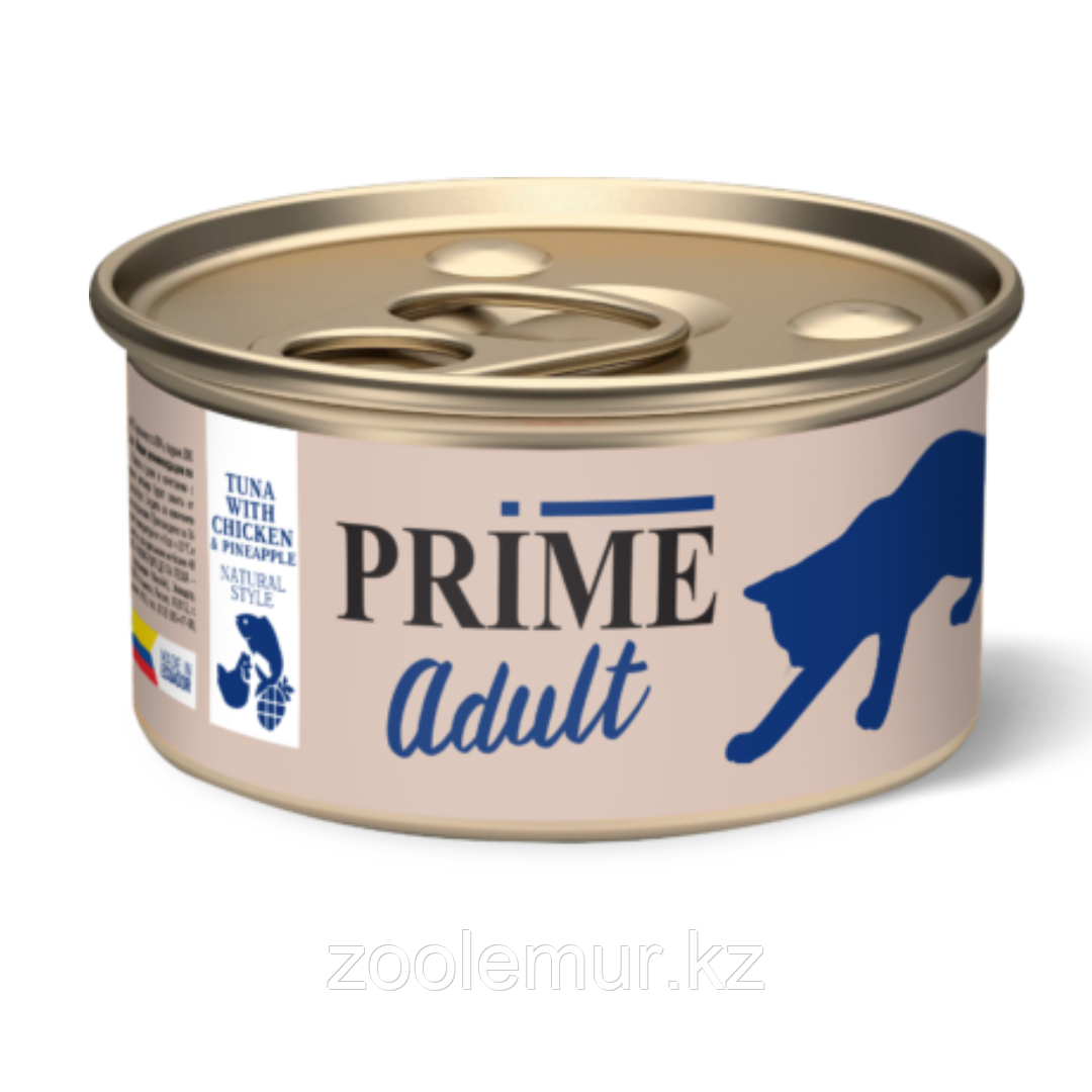 PRIME ADULT Консервированный корм для кошек, тунец с курицей и ананасом в собственном соку, 85 гр