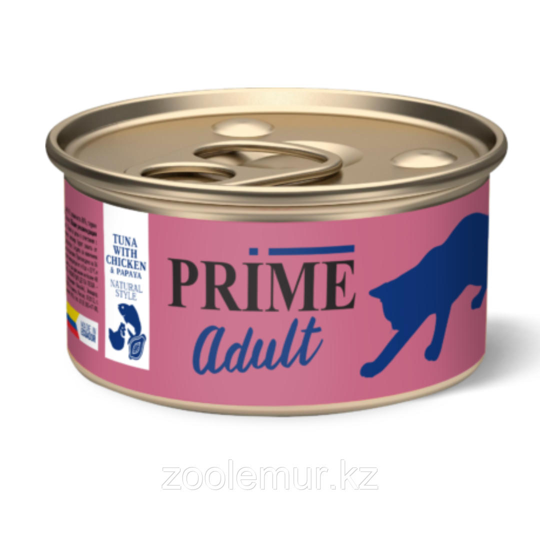 PRIME ADULT Консервированный корм для кошек, тунец с курицей и папайей в собственном соку , 85 гр