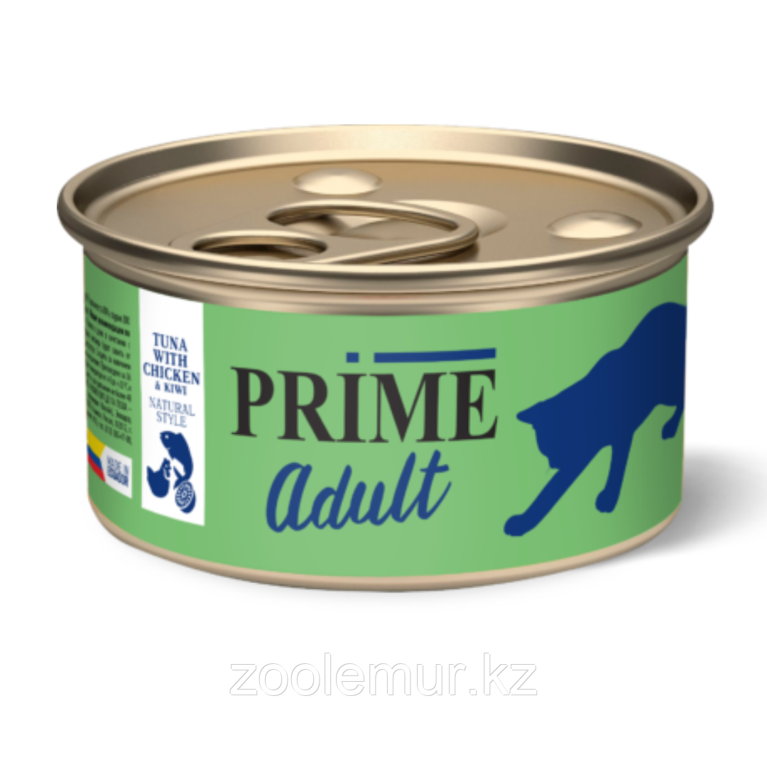 PRIME ADULT Консервированный корм для кошек, тунец с курицей и киви в собственном соку, 85 гр