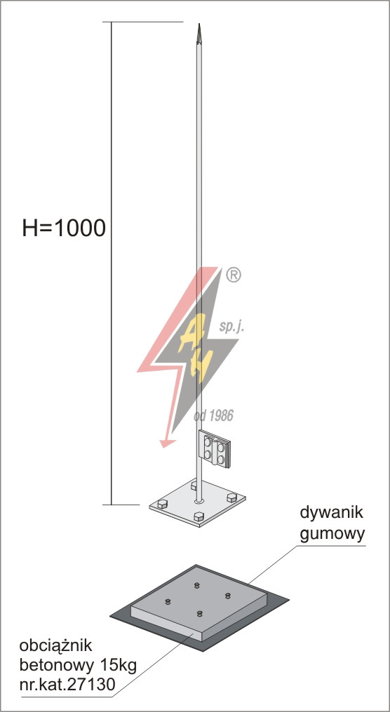 Вольностоящая мачта горячего цинкования на одинарном утяжелителе, H=1000 mm, цельная, с утяжелителями