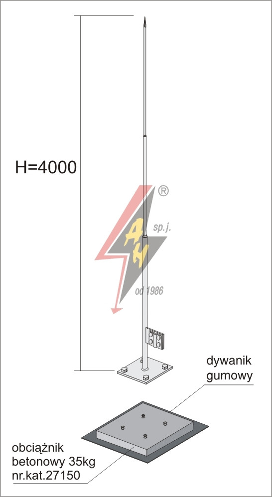 Вольностоящая мачта (горячего оцинкования)    H=4000 mm, цельная, утяжитель 27150, (Ø 0,71 m) – 6,8 кг / 41,8 кг    