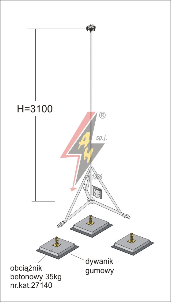 Вольностоящая мачта стальная (горячего оцинкования) для молниеуловителей на подставках H=3100 mm, расстояние до 5 m, составная, тренога, утяжители - фото 1 - id-p14188506