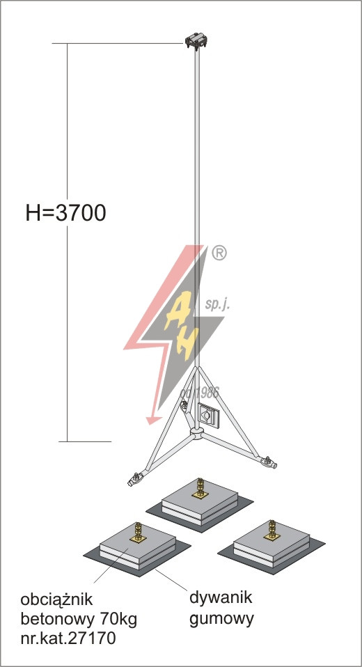 Вольностоящая мачта стальная (горячего оцинкования) для молниеуловителей на подставках   H=3700 mm, расстояние до 10 m, составная, тренога, утяжители